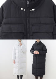 White Stand Collar Zippered Drawstring Thick Parka Long Sleeve