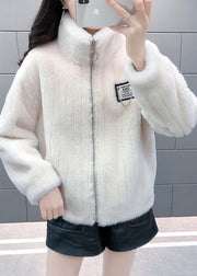 White Stand Collar Zippered Faux Fur Coats Winter
