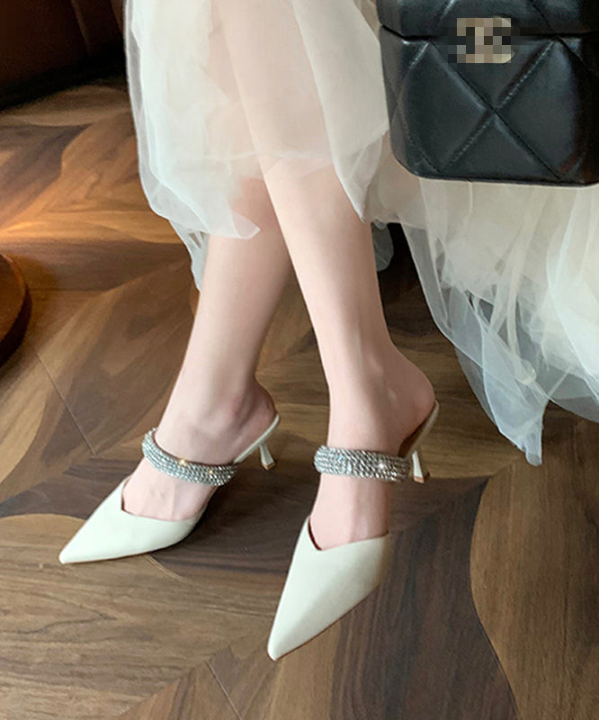 White Stiletto Suede Boutique Slide Sandals Zircon Pointed Toe