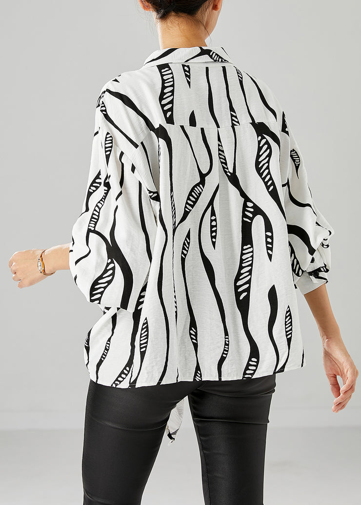 White Striped Cotton Blouse Top Oversized Lace Up Fall