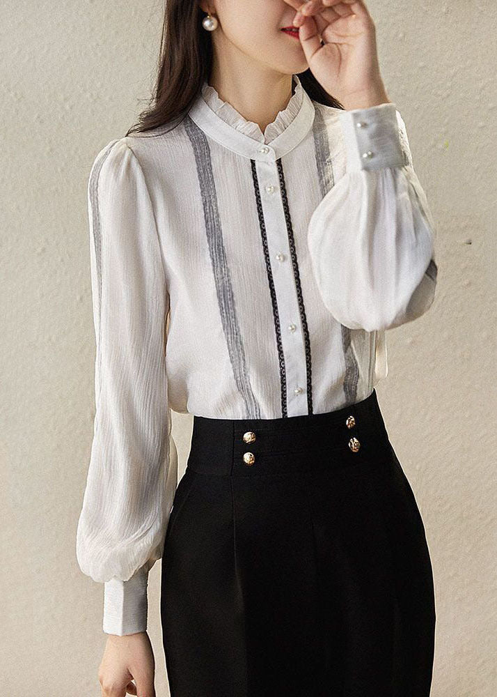 White Striped Silk Shirt Top Stand Collar Ruffled Long Sleeve