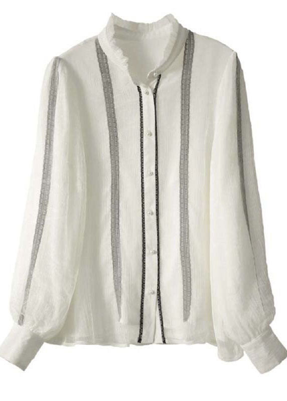 White Striped Silk Shirt Top Stand Collar Ruffled Long Sleeve