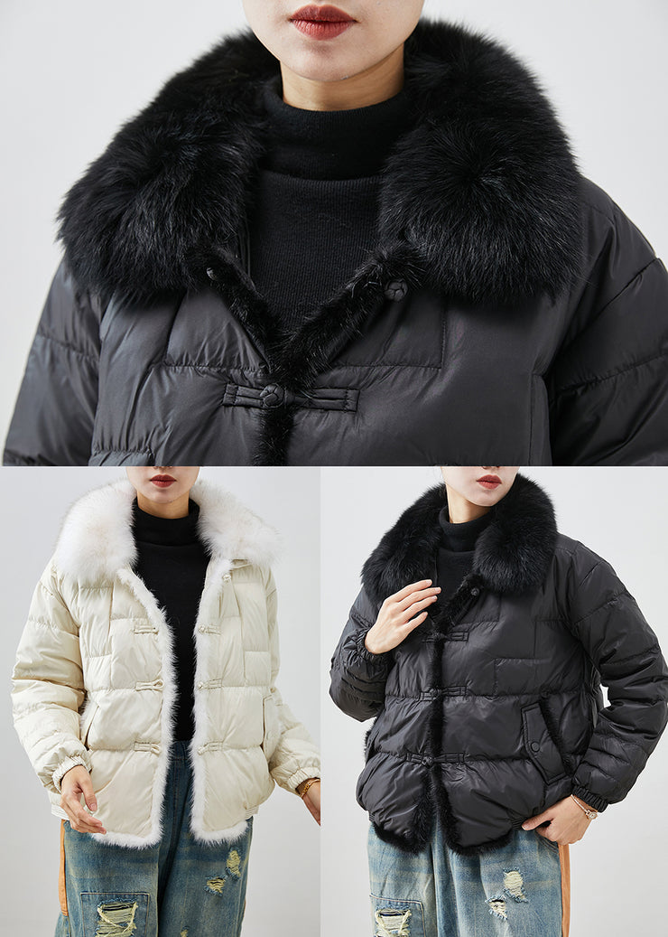 White Thick Duck Down Down Coat Oversized Fox Collar Chinese Button Winter