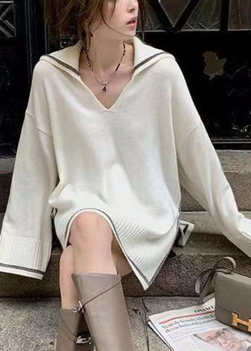White Thick Knit Sweater Tops Sailor Collar Oversized Spring