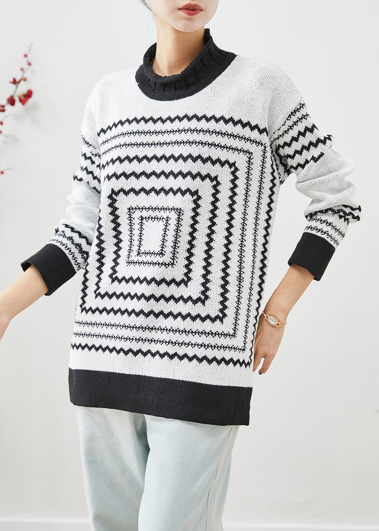 White Thick Knit Tops Oversized Print Winter