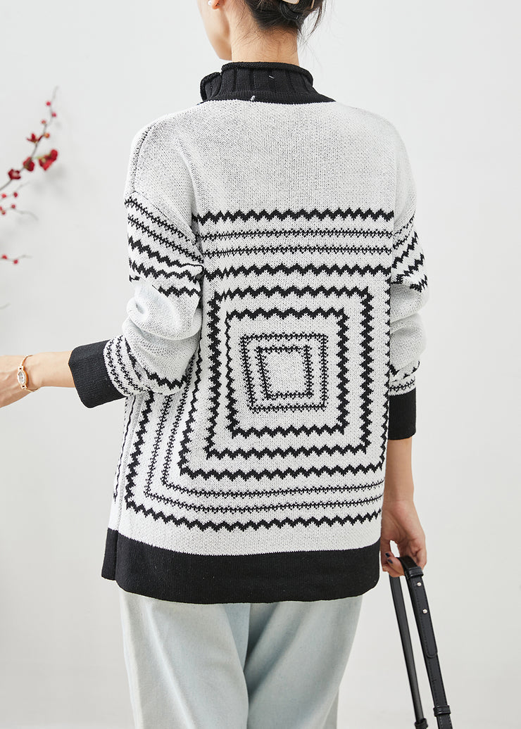White Thick Knit Tops Oversized Print Winter