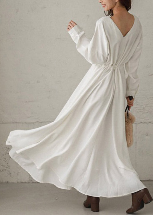 White Tie Waist Cotton Long Dresses Long Sleeve