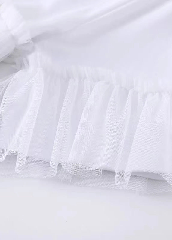 White Tulle Patchwork Cotton Holiday Dress Asymmetrical Design Short Sleeve