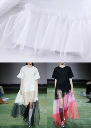 White Tulle Patchwork Cotton Holiday Dress Asymmetrical Design Short Sleeve
