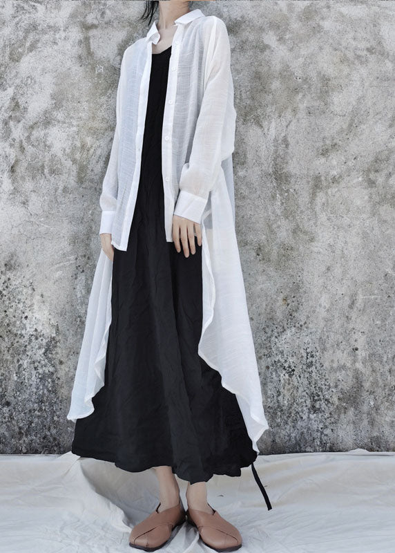 White Turn-down Collar Linen Shirts Asymmetrical Design Long Sleeve