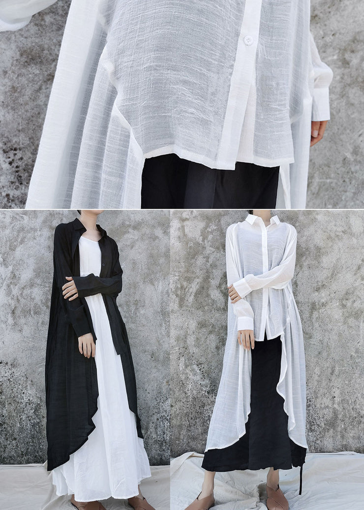 Weiße Leinenhemden mit Umlegekragen, asymmetrisches Design, lange Ärmel
