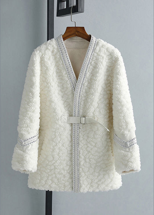 White V Neck Sashes Faux Fur Coat Winter