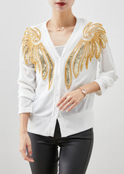White Warm Cotton Cardigans Sequins Nail Bead Fall