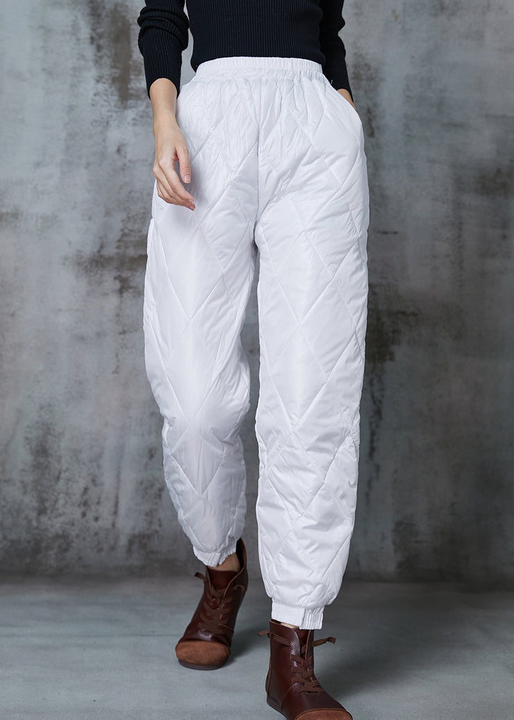 White Warm Fine Cotton Filled Pants Elastic Waist Winter