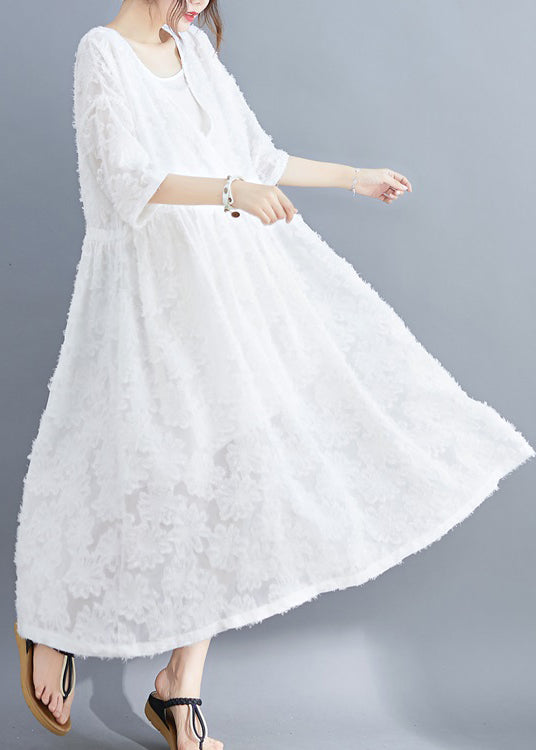 White Women Extra large hem Long Dress Two Pieces Sets Cinched Half Sleeve