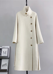 White Woolen Coats Fashion Stand Collar Tie Waist Winter