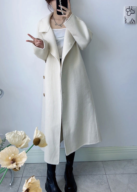 White Woolen Coats Fashion Stand Collar Tie Waist Winter