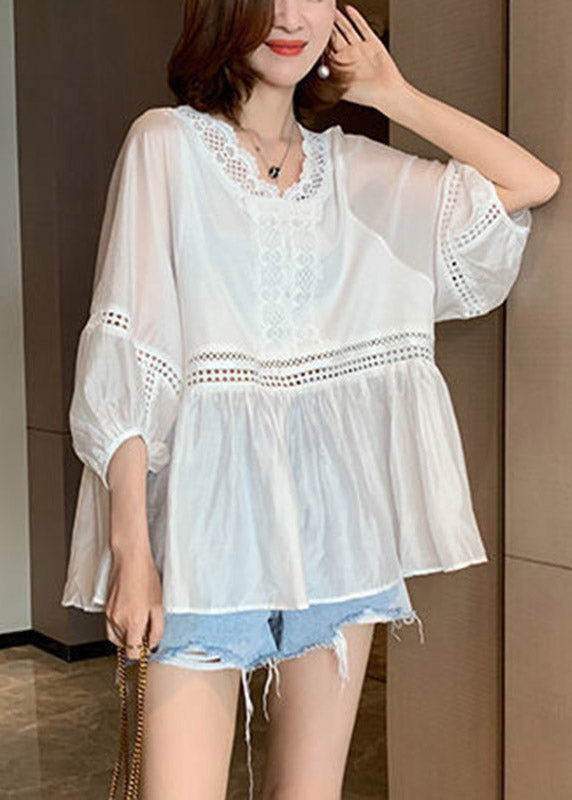 White Wrinkled Out Patchwork Lace Top Puff Sleeve