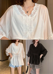 White Wrinkled Out Patchwork Lace Top Puff Sleeve