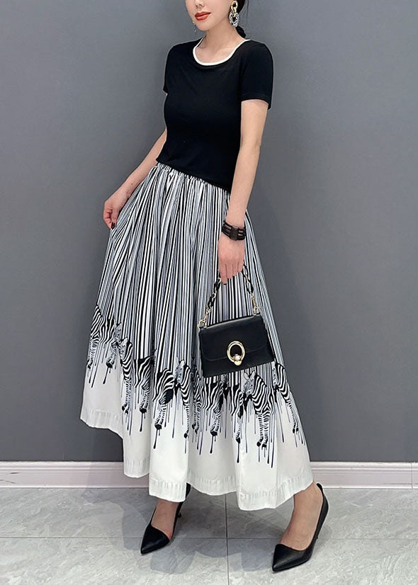 White Zebra Pattern Cotton A Line Skirt Elastic Waist Spring