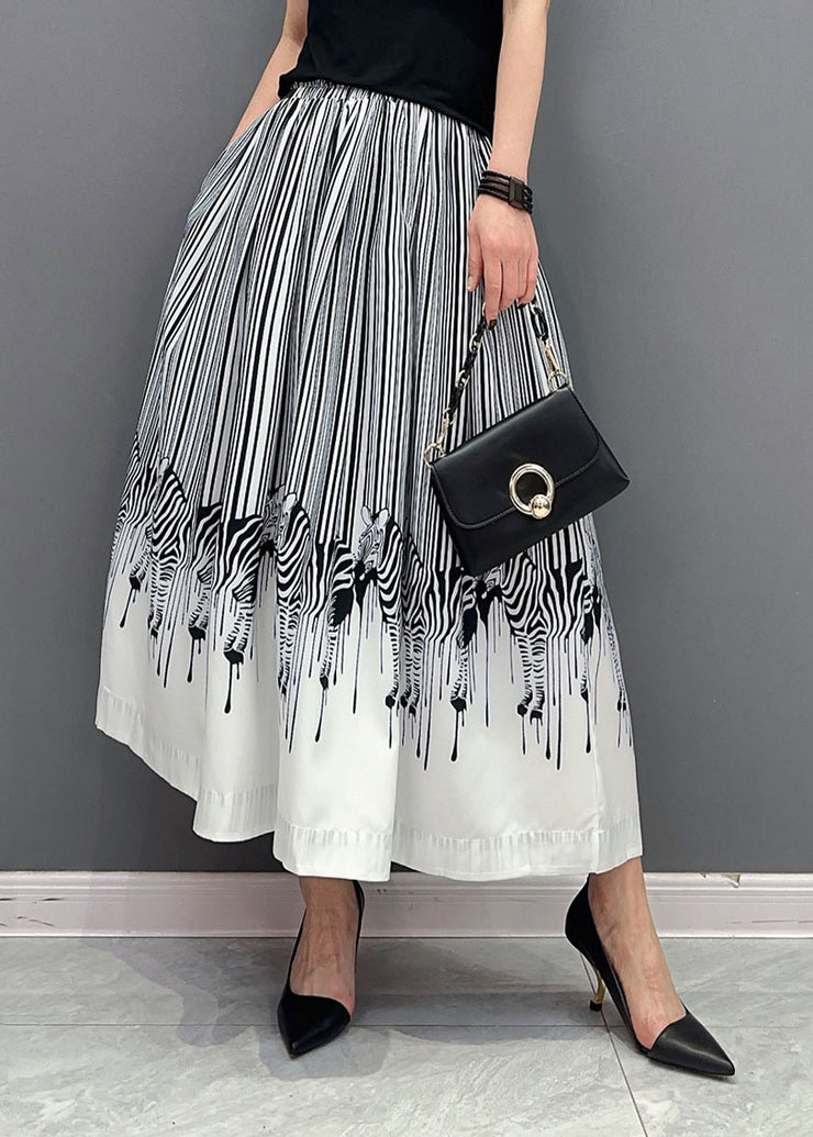 White Zebra Pattern Cotton A Line Skirt Elastic Waist Spring