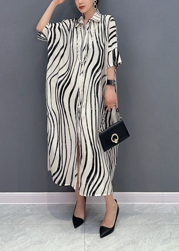 White Zebra Pattern Maxi Dress Oversized Turn-down Collar Summer