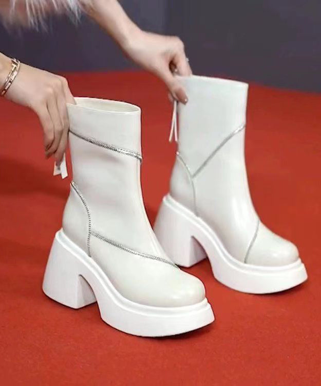 White Zippered Fashion Splicing Chunky Boots