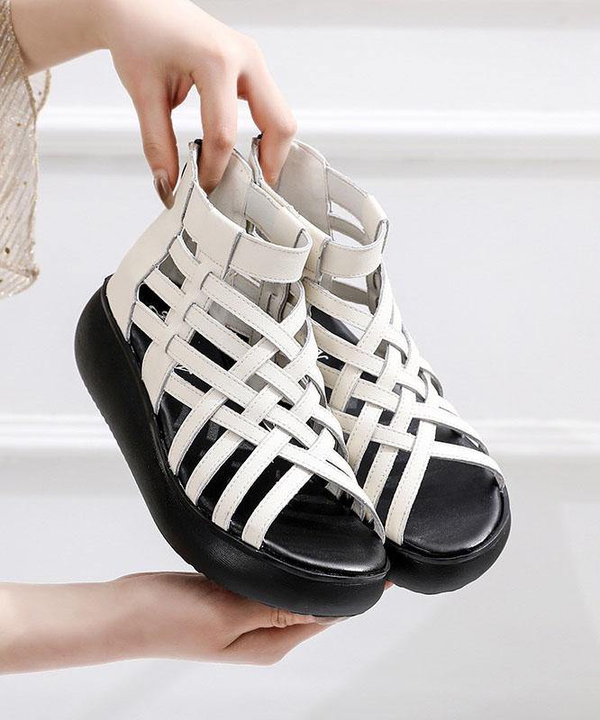 White zippered Platform Flat Sandals Hiking Sandals - SooLinen