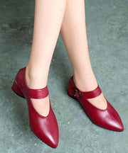 Wine Red Buckle Strap Splicing Chunky Heel Faux Leather Pointed Toe