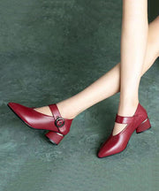 Wine Red Buckle Strap Splicing Chunky Heel Faux Leather Pointed Toe