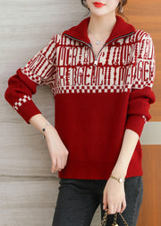 Wine Red Cozy Patchwork Wool Knit Top Zip Up Long Sleeve