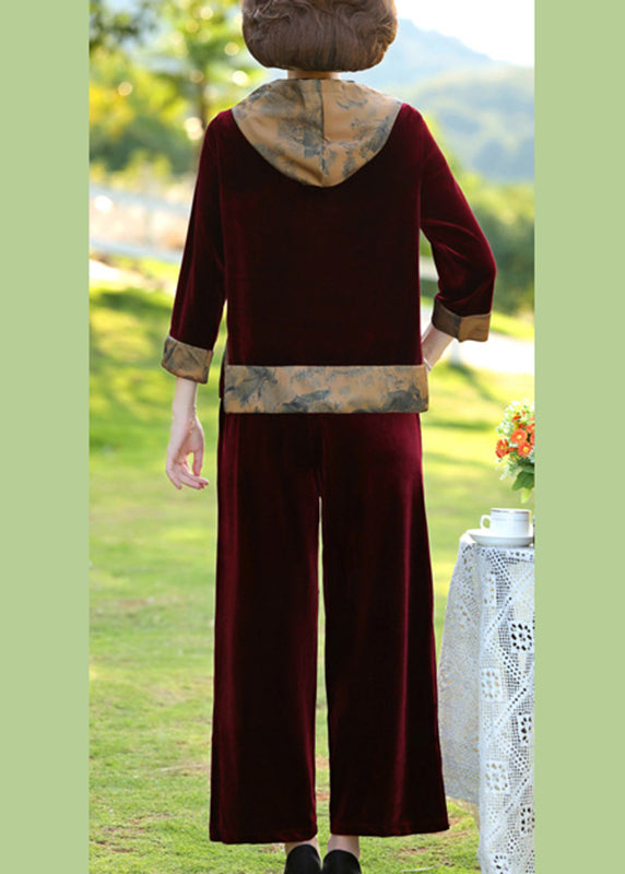 Wine Red Drawstring Silk Velour Pullover And Wide Leg Pants Two Pieces Set Long Sleeve