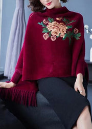 Wine Red Embroidered Tasseled Patchwork Mink Velvet Cardigans V Neck Long Sleeve