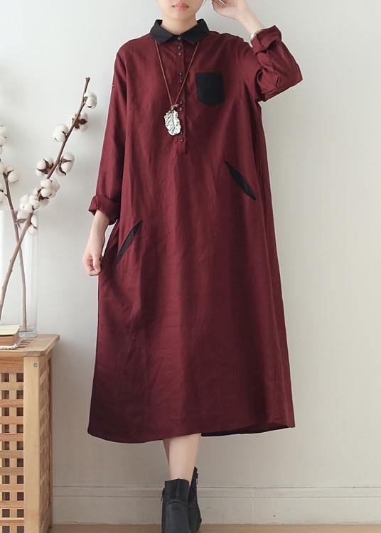 Wine Red Large Linen Long Shirt Dress Robe - SooLinen