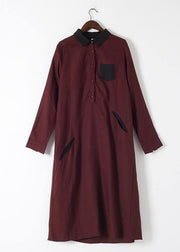 Wine Red Large Linen Long Shirt Dress Robe - SooLinen