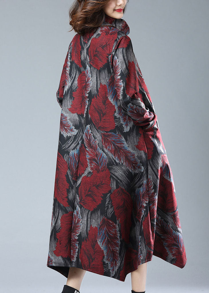 Wine Red Patchwork Cotton Dress Turtleneck Print Pockets Long Sleeve