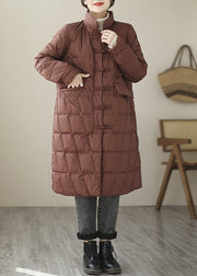 Wine Red Pockets Cotton Filled Parka Stand Collar Long Sleeve