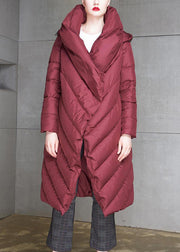 Wine Red Pockets Duck Down Coat Hooded Long Sleeve