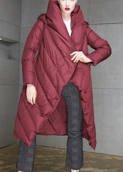 Wine Red Pockets Duck Down Coat Hooded Long Sleeve