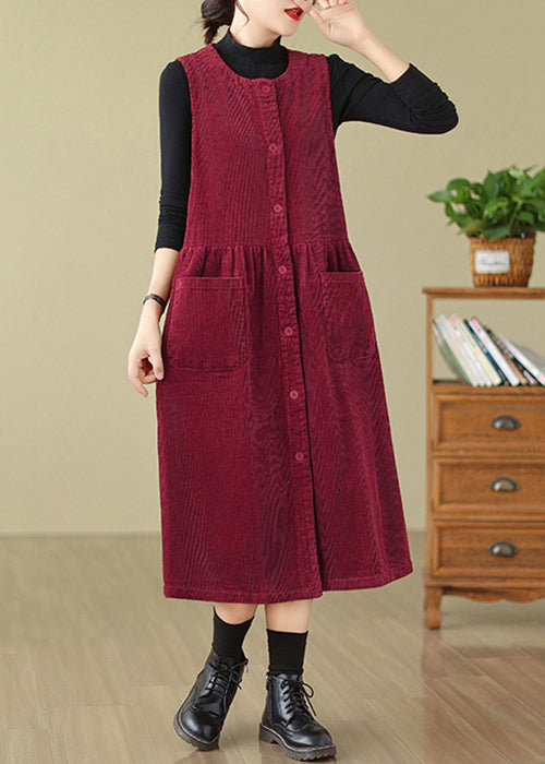 Wine Red Pockets Patchwork Corduroy Long Dresses O Neck Fall
