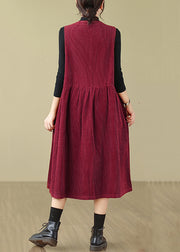 Wine Red Pockets Patchwork Corduroy Long Dresses O Neck Fall