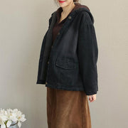 Winter Black Hoodie Short Casual Denim Coat Women Loose Jacket