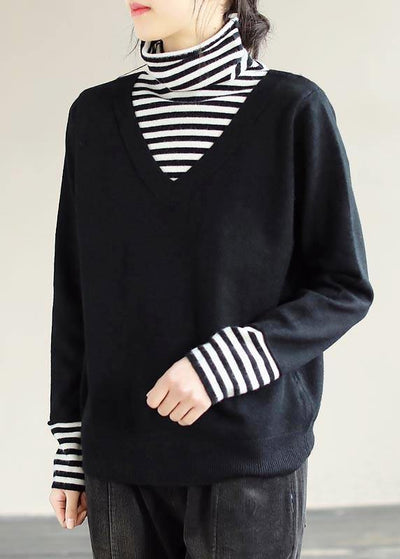 Winter Spring Black Sweaters Loose fitting Patchwork High Neck Knit Tops - SooLinen