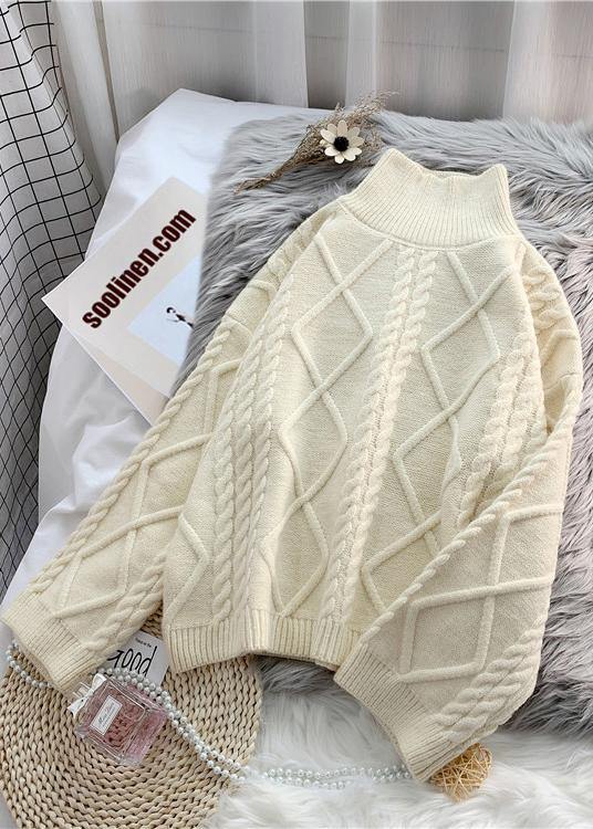 Winter beige crane tops high neck thick oversize knit sweat tops - SooLinen