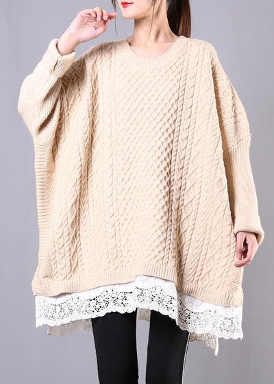 Winter beige knit top silhouette o neck Batwing Sleeve plus size clothing knitwear - SooLinen