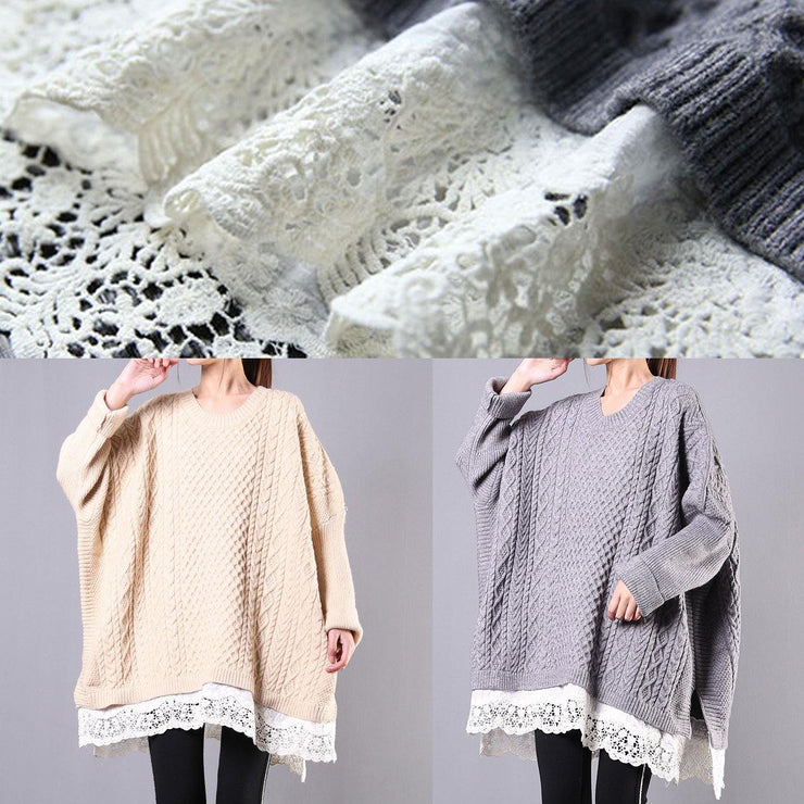 Winter beige knit top silhouette o neck Batwing Sleeve plus size clothing knitwear - SooLinen