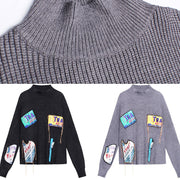 Winter black clothes high neck patchwork sweaters - SooLinen