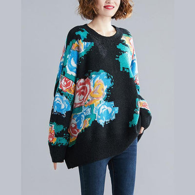 Winter black print knitted t shirt o neck plus size knit sweat tops - SooLinen