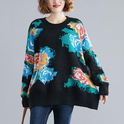 Winter black print knitted t shirt o neck plus size knit sweat tops - SooLinen