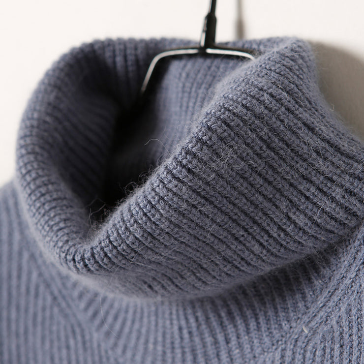 Winter blue knitted outwear Loose fitting high neck A line knitwear